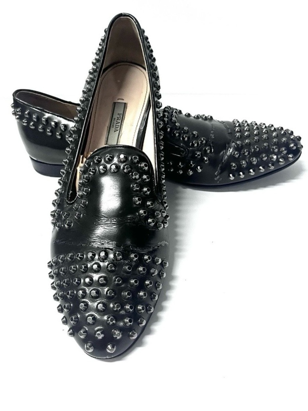 Prada Brown Studded Leather Slip-On Loafers Smoking Slippers  Size 38.5